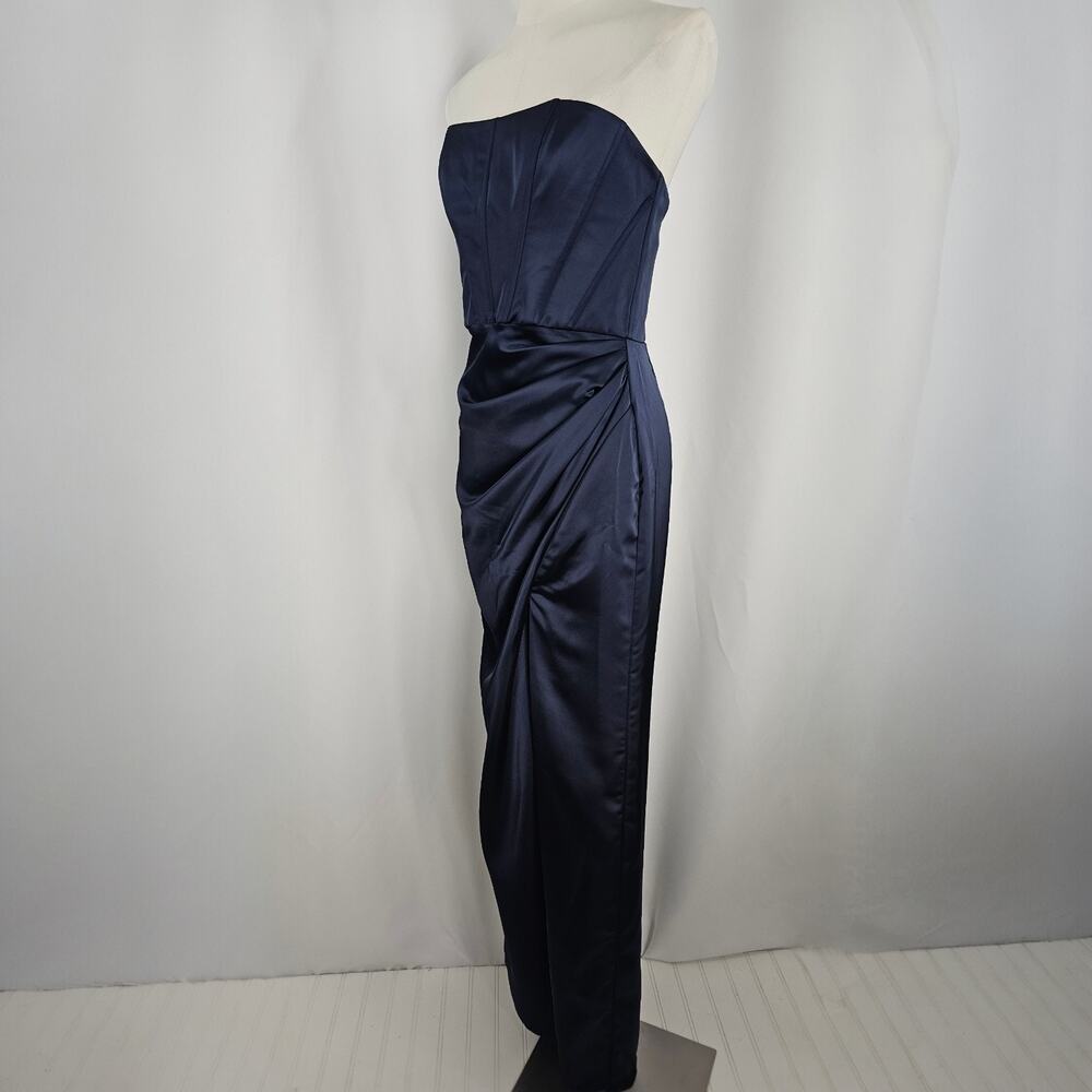 After Six Blue Satin Corset Draped Column Skirt Formal Maxi Dress Size 2R NWT - Picture 4 of 15